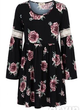 ' Black Floral Lace-Trim Babydoll Dress
